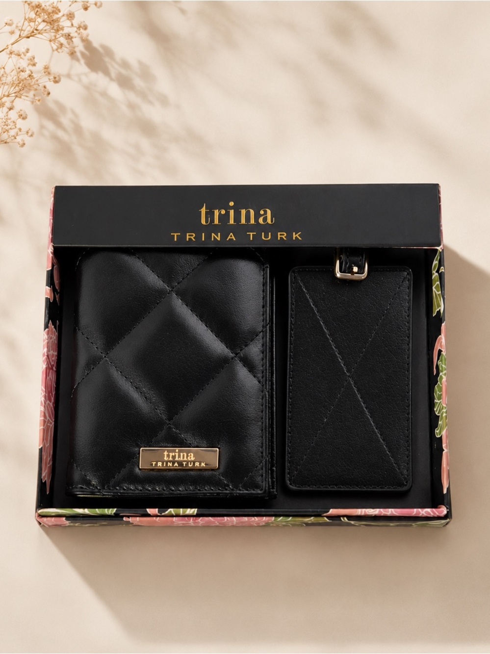 Trina Turk Black Quilted Passport Holder Luggage Tag Set - Picture 1 of 13